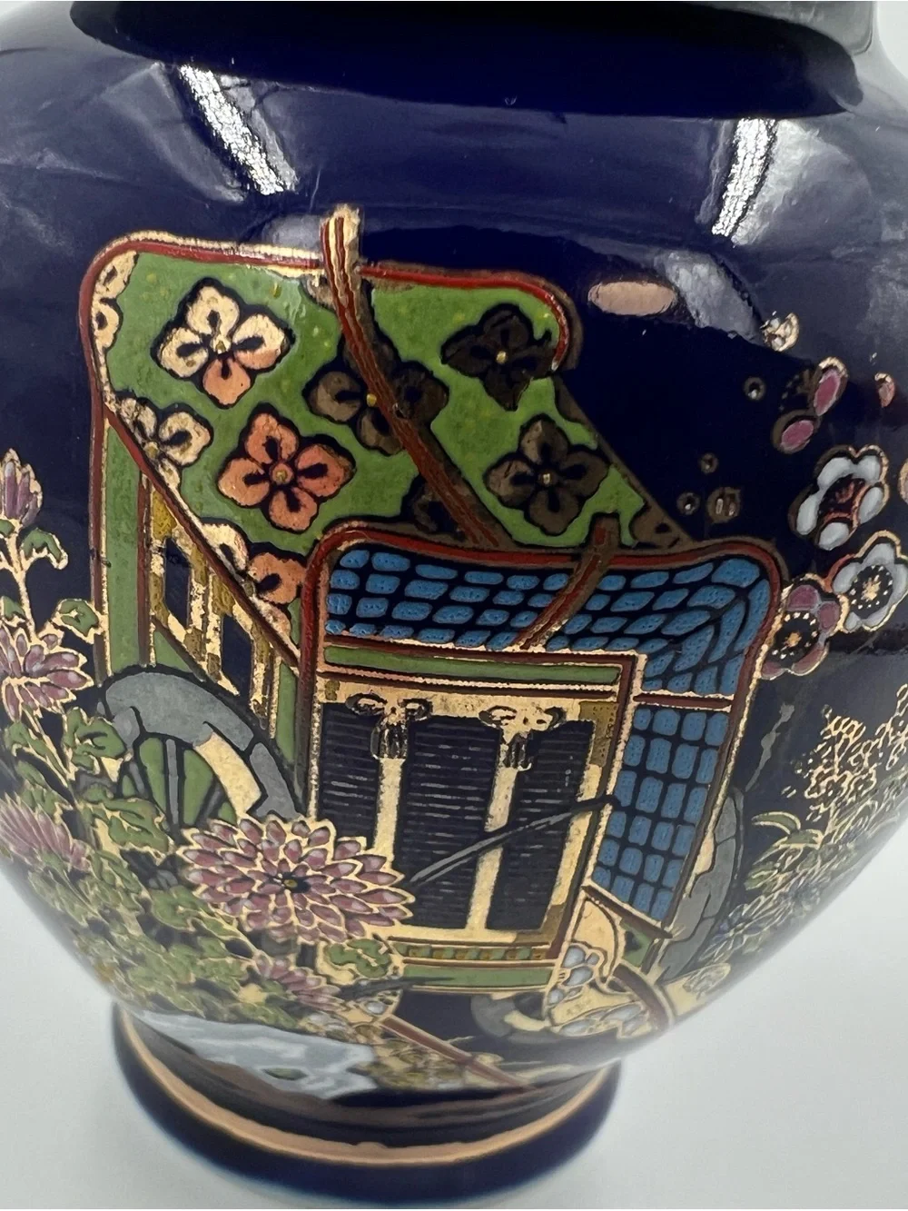 Vintage Sato Gordon Japan Kutani Cobalt Blue Ginger Jar Rickshaw & Flowers 4.5”